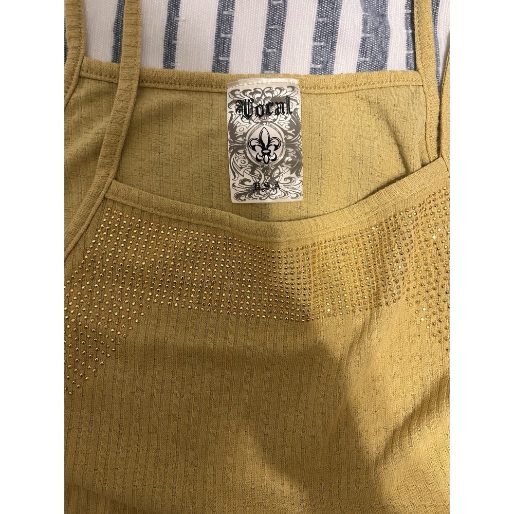 vocal yellow embellished tank top size small made in usa